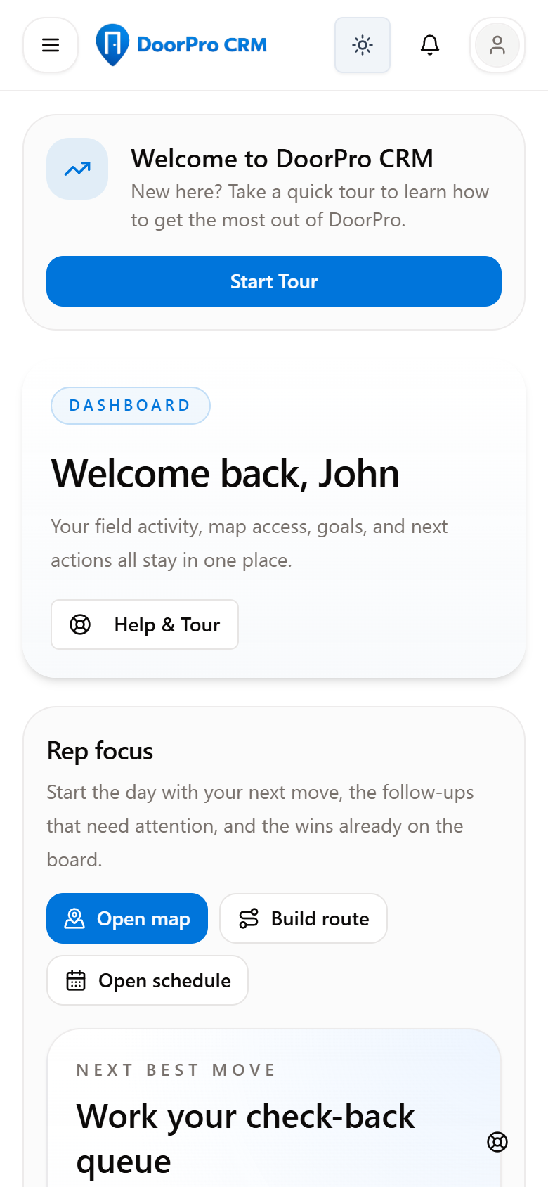 DoorPro mobile dashboard for a field representative